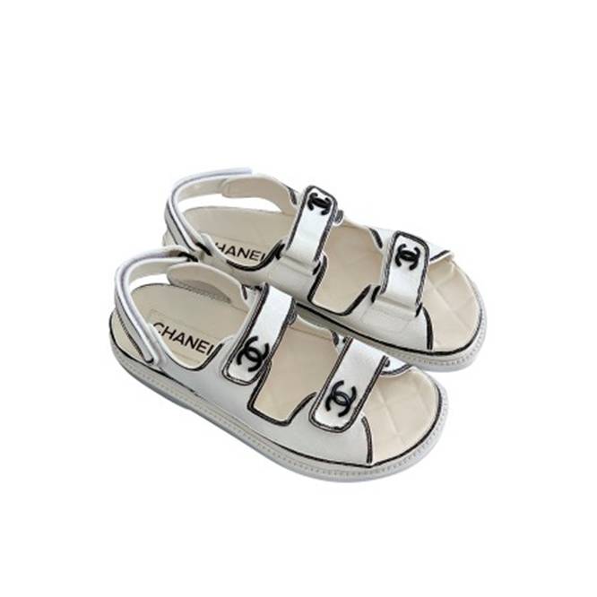 Ch*el calfskin printed round head sandals for women black & white